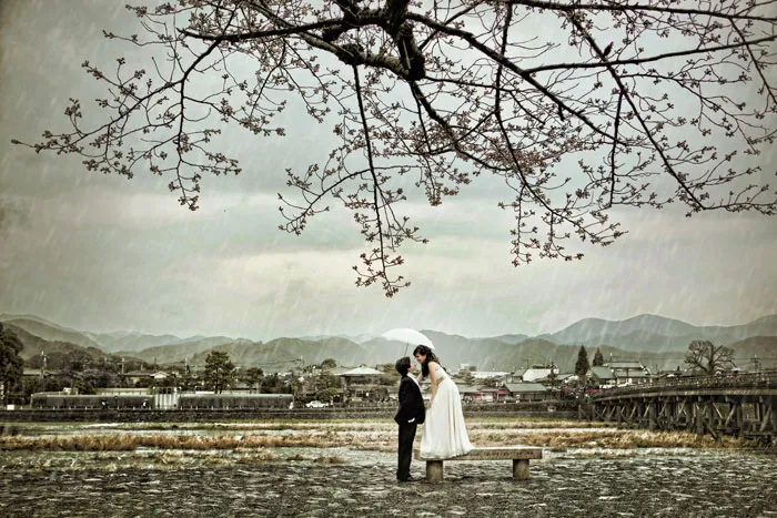 © Eyeshot Studio Photography. Destination bridal portraits at Togetsukyo Bridge at Arashimaya, Kyoto
