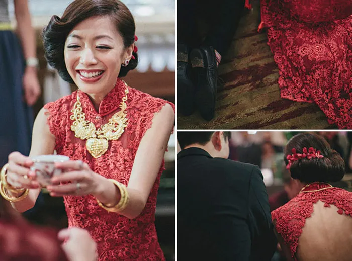 theweddingnotebook.com.Photography by History Studio. Bridal red cheongsam