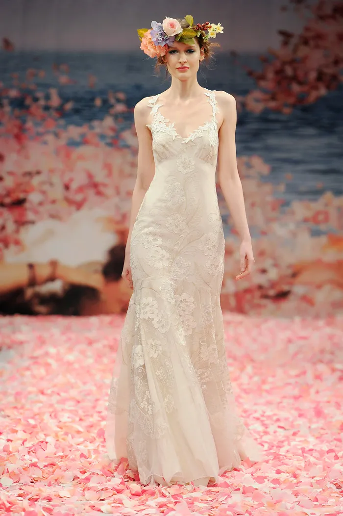 Claire Pettibone 2013 Fall Collection – Devotion. Ivory floral embroidered mermaid silhouette with ivory linen and guipure vine straps. theweddingnotebook.com