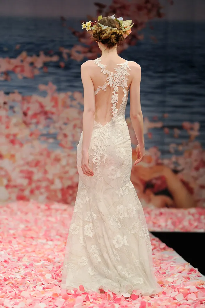 Claire Pettibone 2013 Fall Collection – Devotion. Ivory floral embroidered mermaid silhouette with ivory linen and guipure vine straps. theweddingnotebook.com