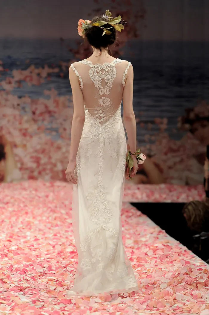 Claire Pettibone 2013 Fall Collection – Alma. Ivory floral embroidery with pearl silk and guipure embellished neckline and back. theweddingnotebook.com