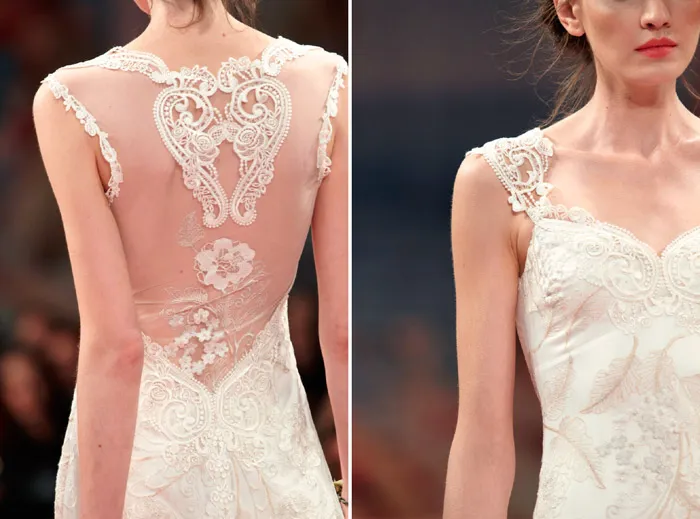 Claire Pettibone 2013 Fall Collection – Alma. Ivory floral embroidery with pearl silk and guipure embellished neckline and back. theweddingnotebook.com